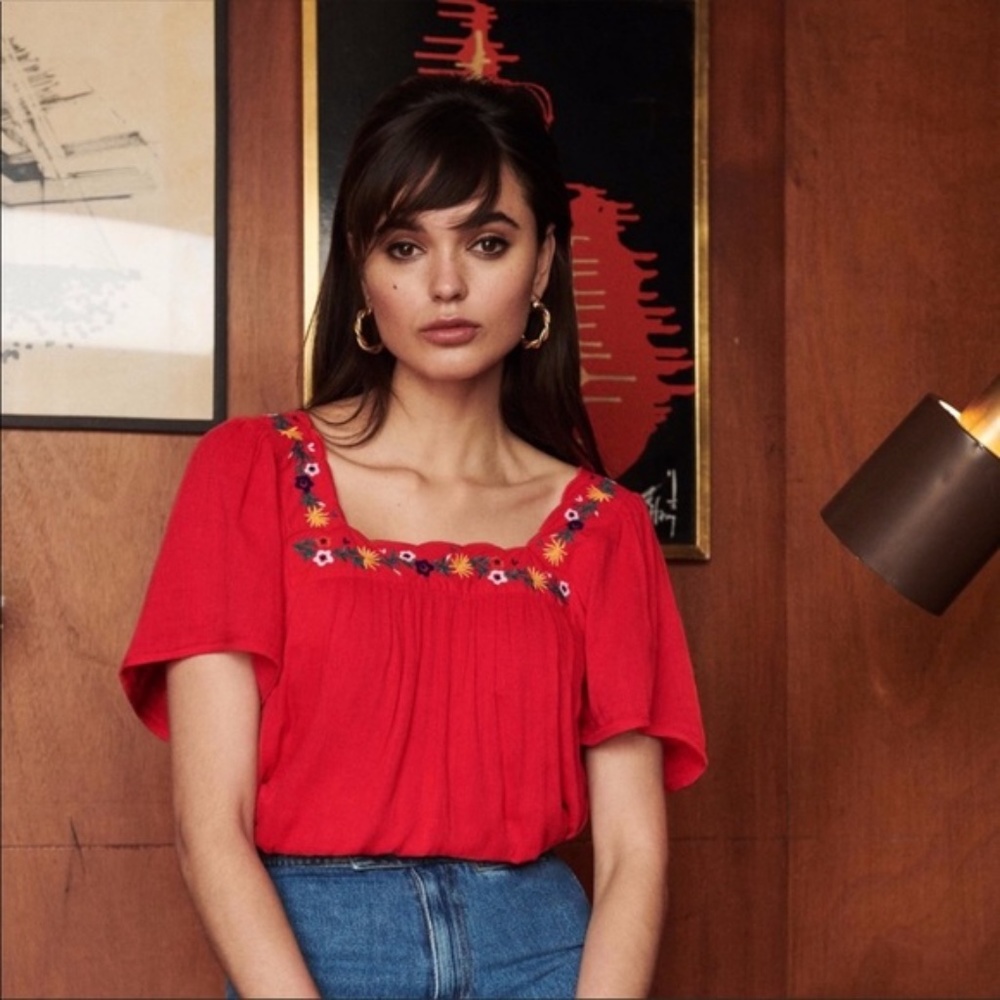 Sezane Red Bea Scalloped Top - embroidered size 36